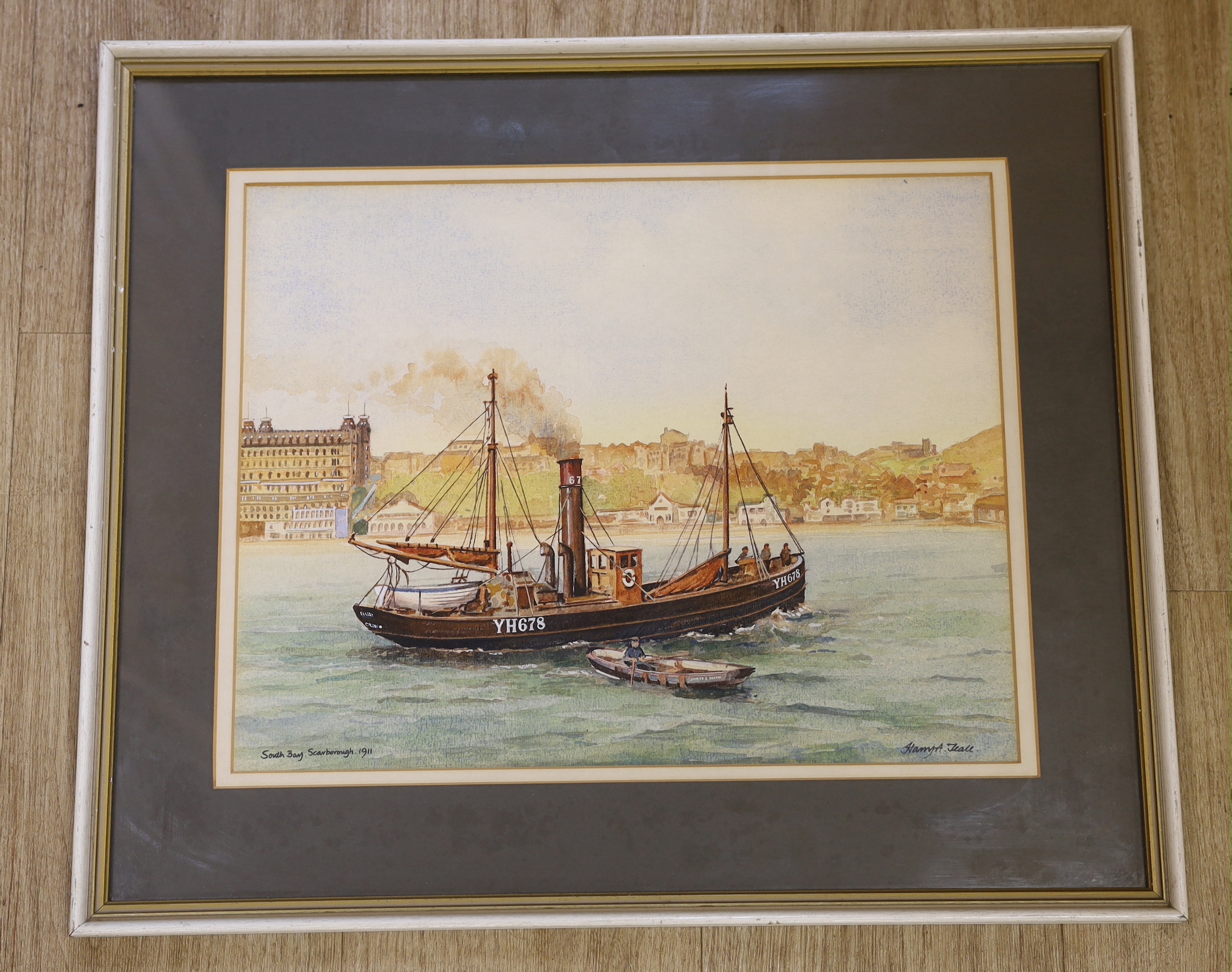 Harry A Teale (20th century) heightened watercolour, 'The Yarmouth steam drifter YH678 in South Bay, Scarborough', signed and dated 1911, 39 x 31cm